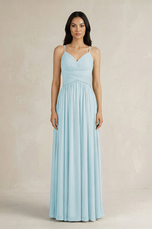 A - Line Pleated Spaghetti Strap Chiffon Bridesmaid Dress in Sky Blue - SHE IS ME Bridesmaid Dresses