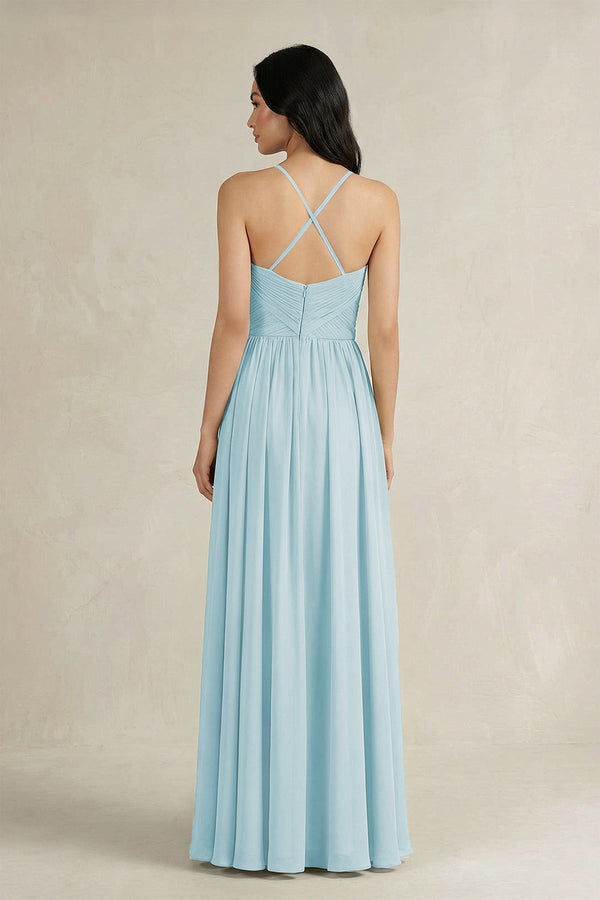 A - Line Pleated Spaghetti Strap Chiffon Bridesmaid Dress in Sky Blue - SHE IS ME Bridesmaid Dresses