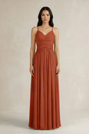 A - Line Pleated Spaghetti Strap Chiffon Bridesmaid Dress in Spice - SHE IS ME Bridesmaid Dresses