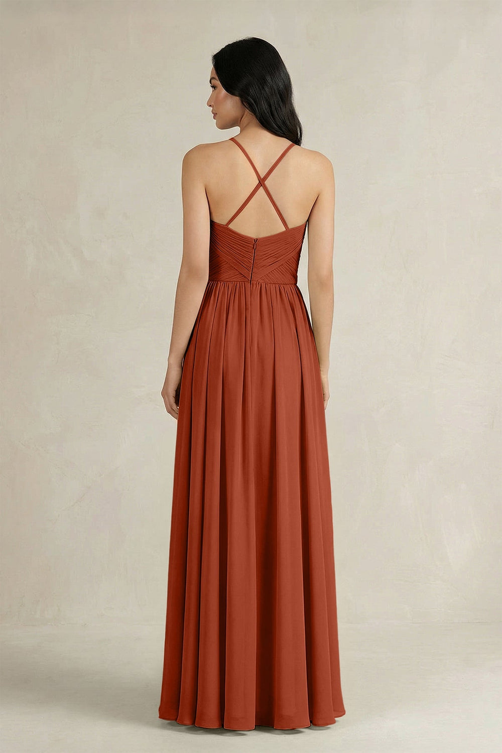 A - Line Pleated Spaghetti Strap Chiffon Bridesmaid Dress in Spice - SHE IS ME Bridesmaid Dresses