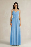 A - Line Pleated Spaghetti Strap Chiffon Bridesmaid Dress in Steel Blue - SHE IS ME Bridesmaid Dresses