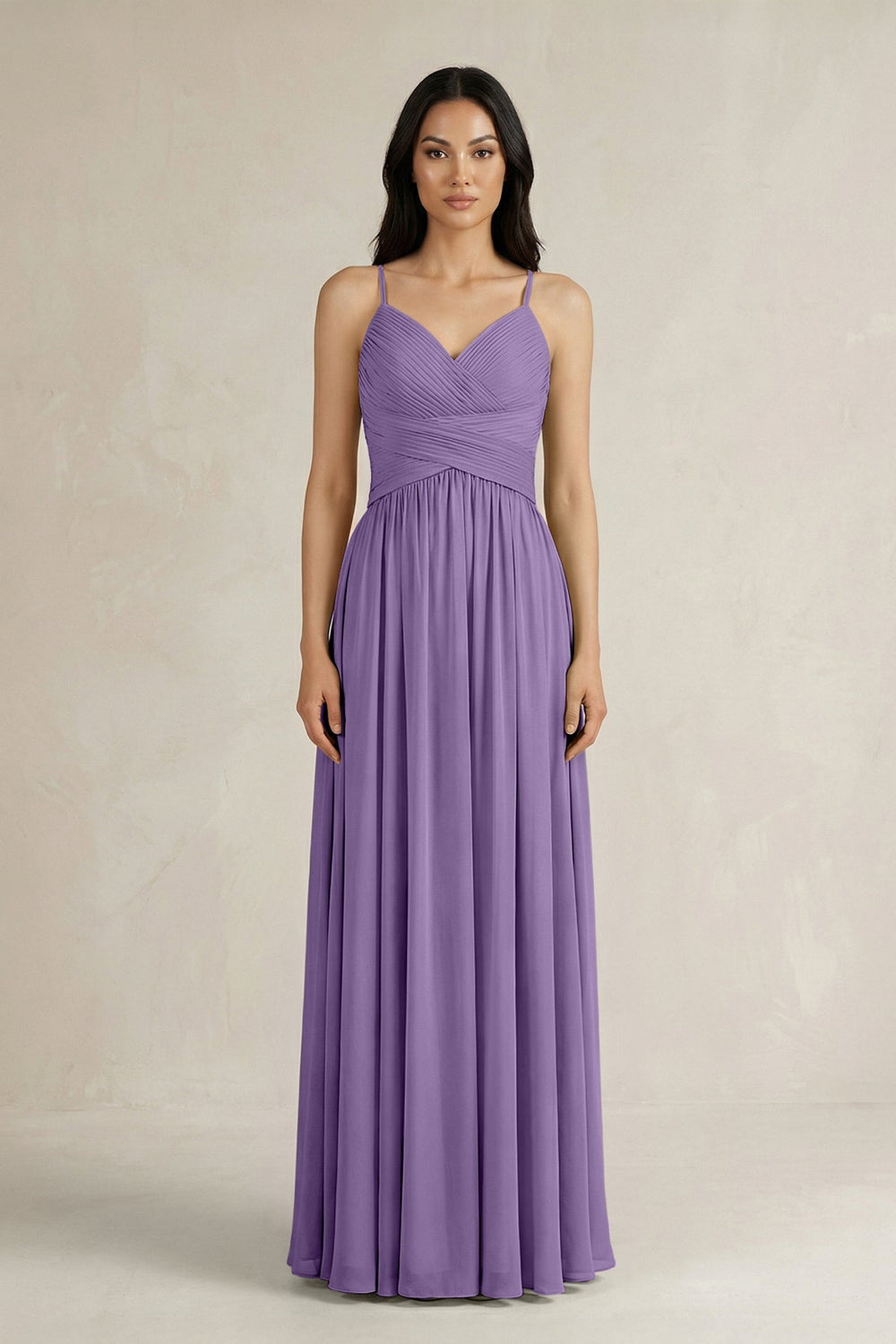 A - Line Pleated Spaghetti Strap Chiffon Bridesmaid Dress in Tahiti - SHE IS ME Bridesmaid Dresses