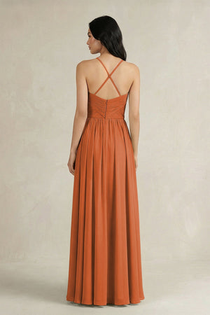 A - Line Pleated Spaghetti Strap Chiffon Bridesmaid Dress in Terracotta - SHE IS ME Bridesmaid Dresses