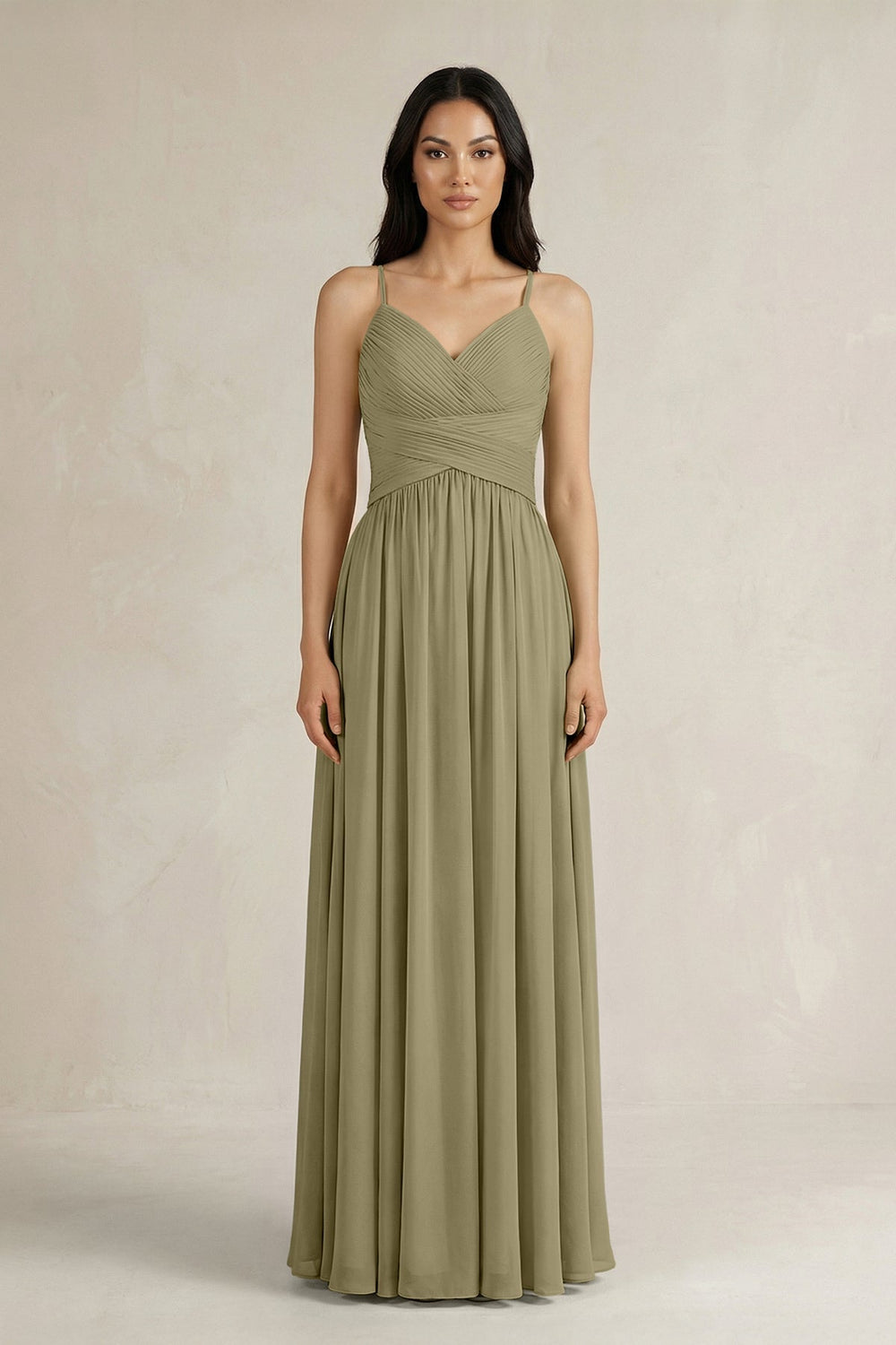 A - Line Pleated Spaghetti Strap Chiffon Bridesmaid Dress in Thyme - SHE IS ME Bridesmaid Dresses