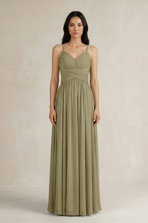 A - Line Pleated Spaghetti Strap Chiffon Bridesmaid Dress in Thyme - SHE IS ME Bridesmaid Dresses