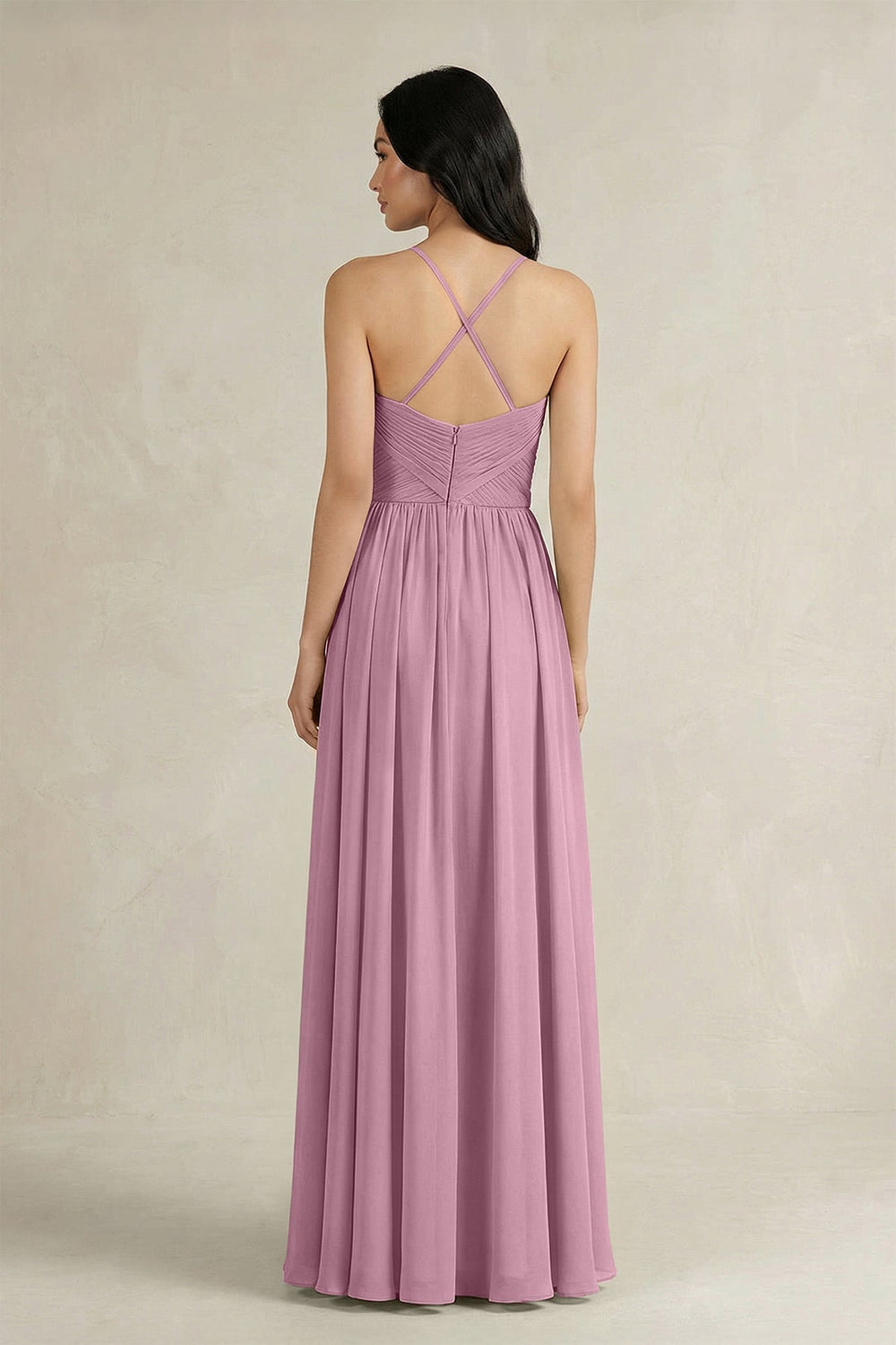 A - Line Pleated Spaghetti Strap Chiffon Bridesmaid Dress in Vintage Mauve - SHE IS ME Bridesmaid Dresses