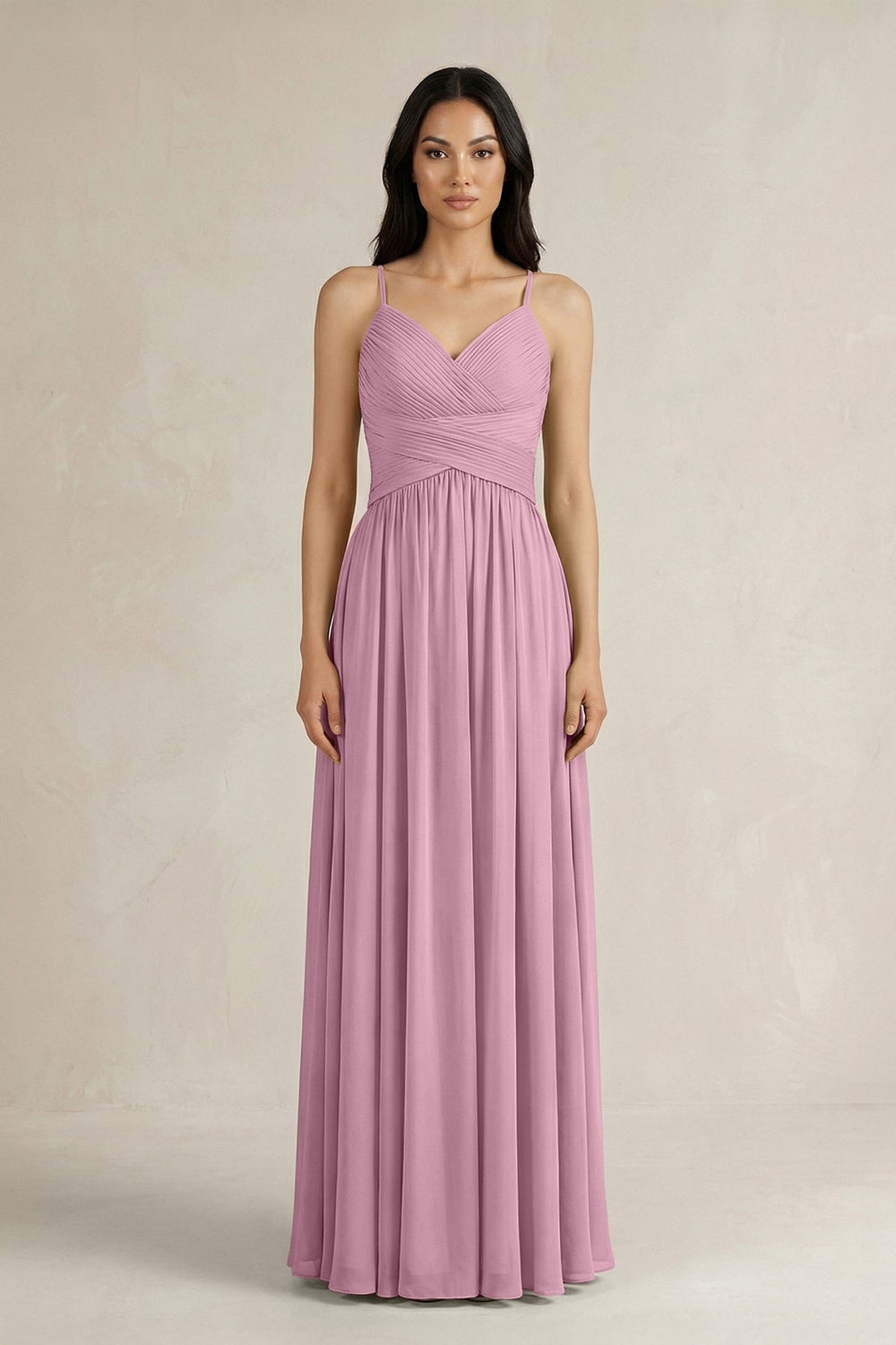 A - Line Pleated Spaghetti Strap Chiffon Bridesmaid Dress in Vintage Mauve - SHE IS ME Bridesmaid Dresses