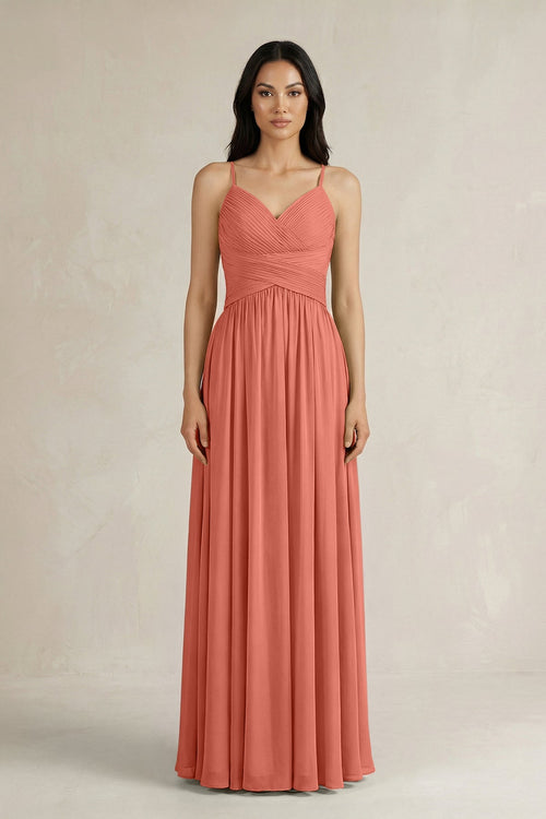 A - Line Pleated Spaghetti Strap Chiffon Bridesmaid Dress in Wild Rose - SHE IS ME Bridesmaid Dresses
