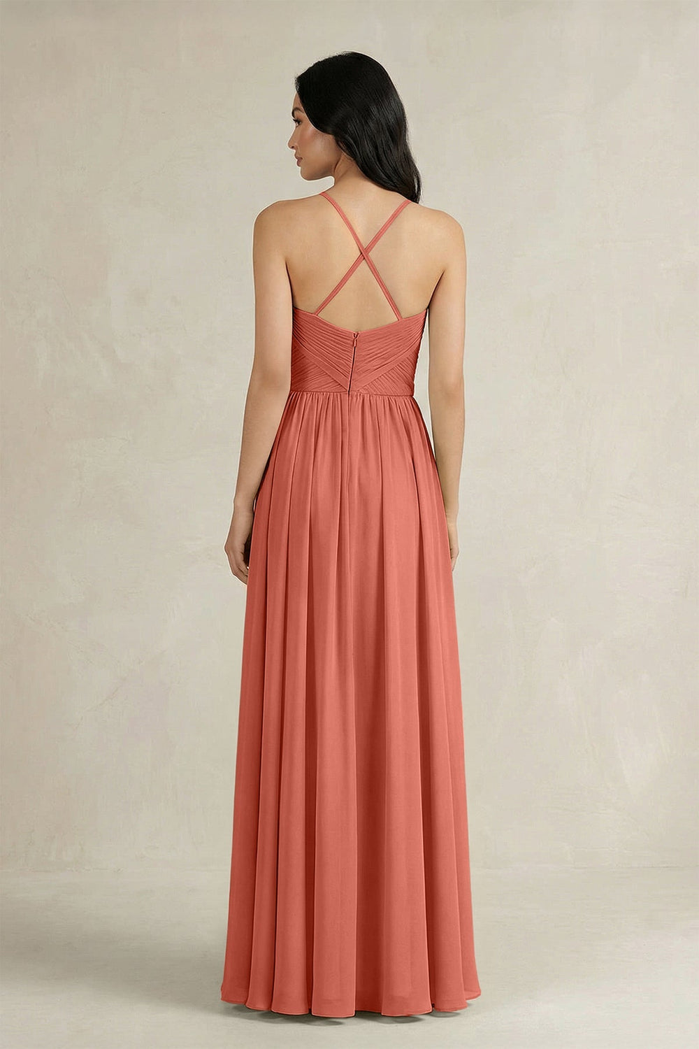 A - Line Pleated Spaghetti Strap Chiffon Bridesmaid Dress in Wild Rose - SHE IS ME Bridesmaid Dresses