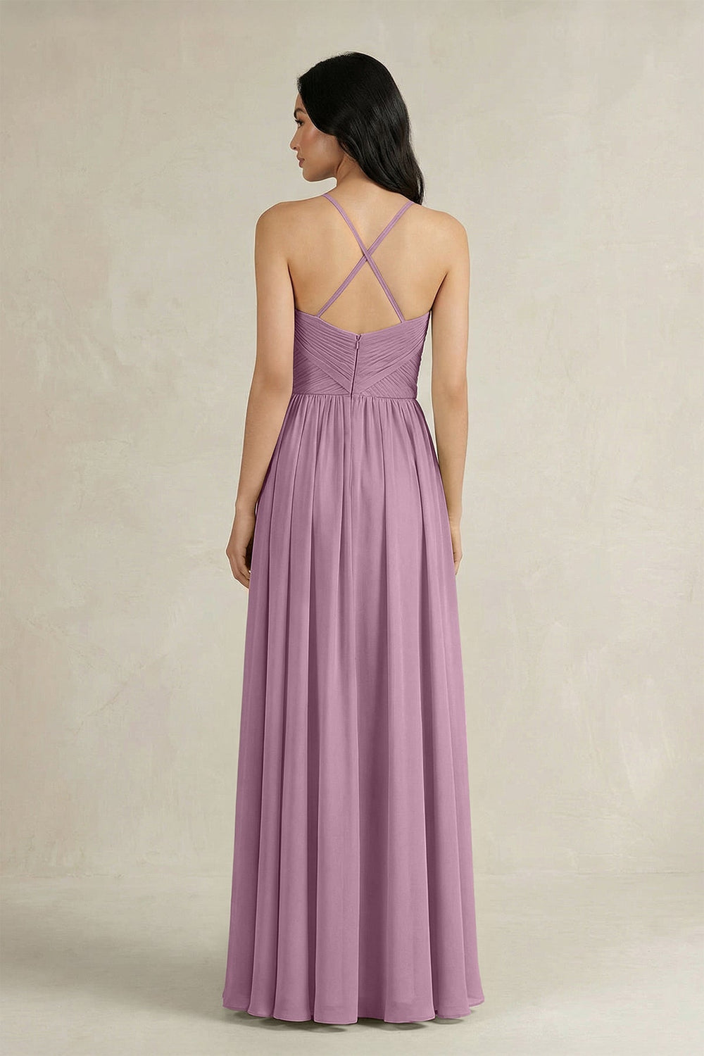 A - Line Pleated Spaghetti Strap Chiffon Bridesmaid Dress in Wisteria - SHE IS ME Bridesmaid Dresses