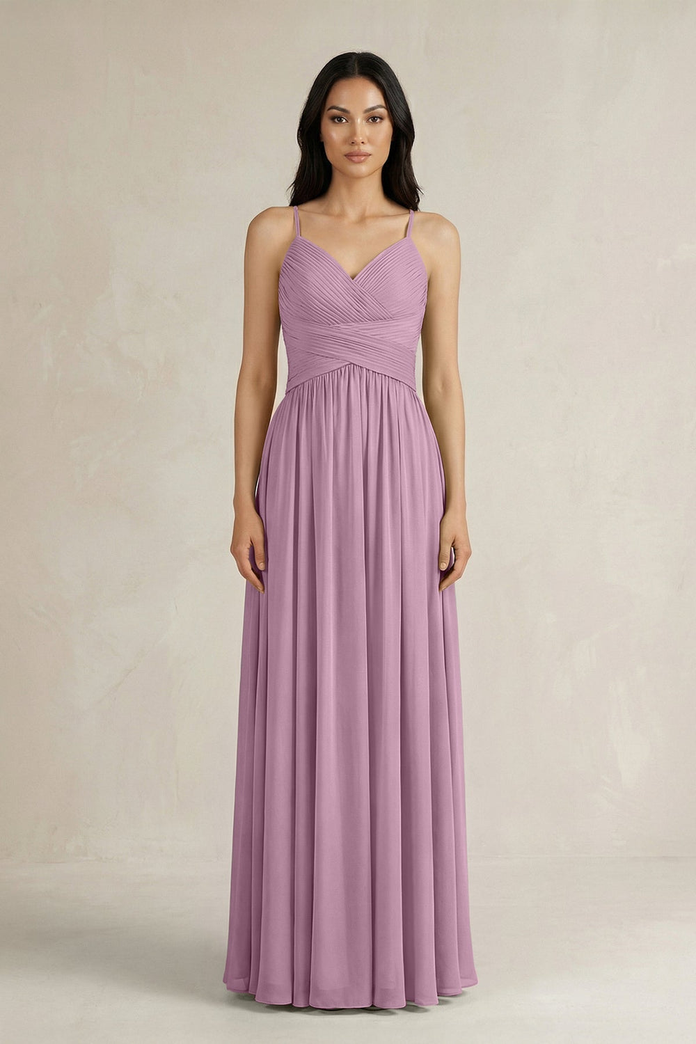 A - Line Pleated Spaghetti Strap Chiffon Bridesmaid Dress in Wisteria - SHE IS ME Bridesmaid Dresses