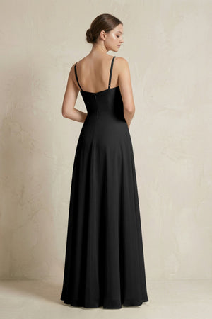 A - Line Ruffled Spaghetti Strap Chiffon Bridesmaid Dress in Black - SHE IS ME Bridesmaid Dresses