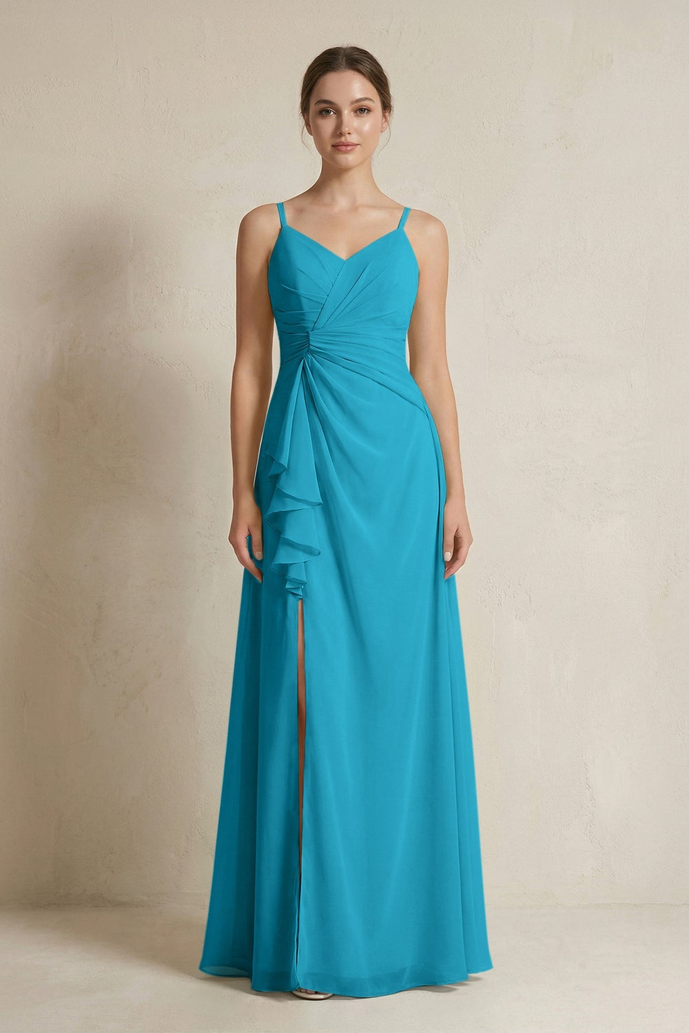 A - Line Ruffled Spaghetti Strap Chiffon Bridesmaid Dress in Blue Jay - SHE IS ME Bridesmaid Dresses