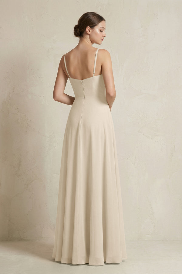 A - Line Ruffled Spaghetti Strap Chiffon Bridesmaid Dress in Champagne - SHE IS ME Bridesmaid Dresses