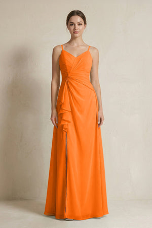 A - Line Ruffled Spaghetti Strap Chiffon Bridesmaid Dress in Cinnamon - SHE IS ME Bridesmaid Dresses