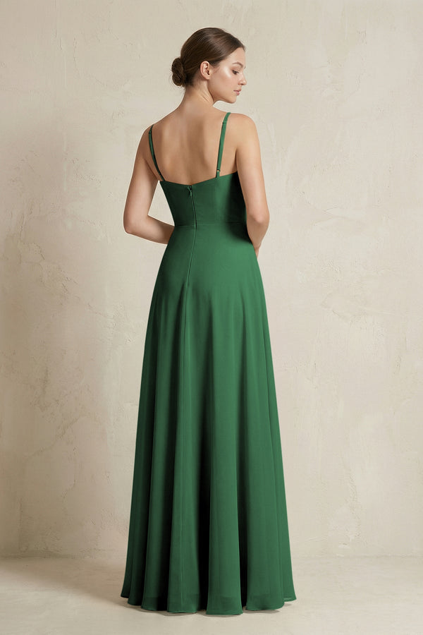 A - Line Ruffled Spaghetti Strap Chiffon Bridesmaid Dress in Dark Green - SHE IS ME Bridesmaid Dresses