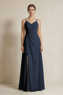 A - Line Ruffled Spaghetti Strap Chiffon Bridesmaid Dress in Dark Navy - SHE IS ME Bridesmaid Dresses