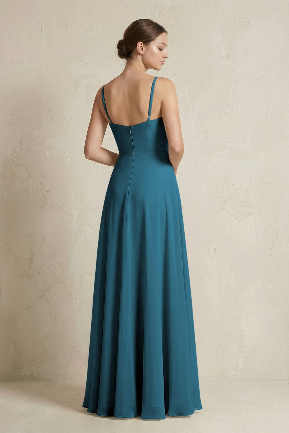 A - Line Ruffled Spaghetti Strap Chiffon Bridesmaid Dress in Dark Teal - SHE IS ME Bridesmaid Dresses