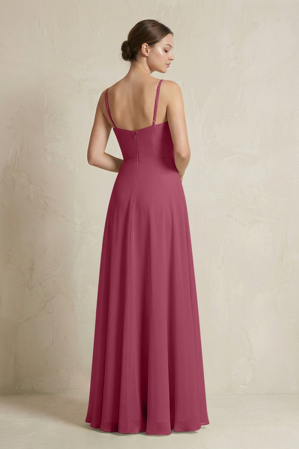 A - Line Ruffled Spaghetti Strap Chiffon Bridesmaid Dress in Desert Rose - SHE IS ME Bridesmaid Dresses