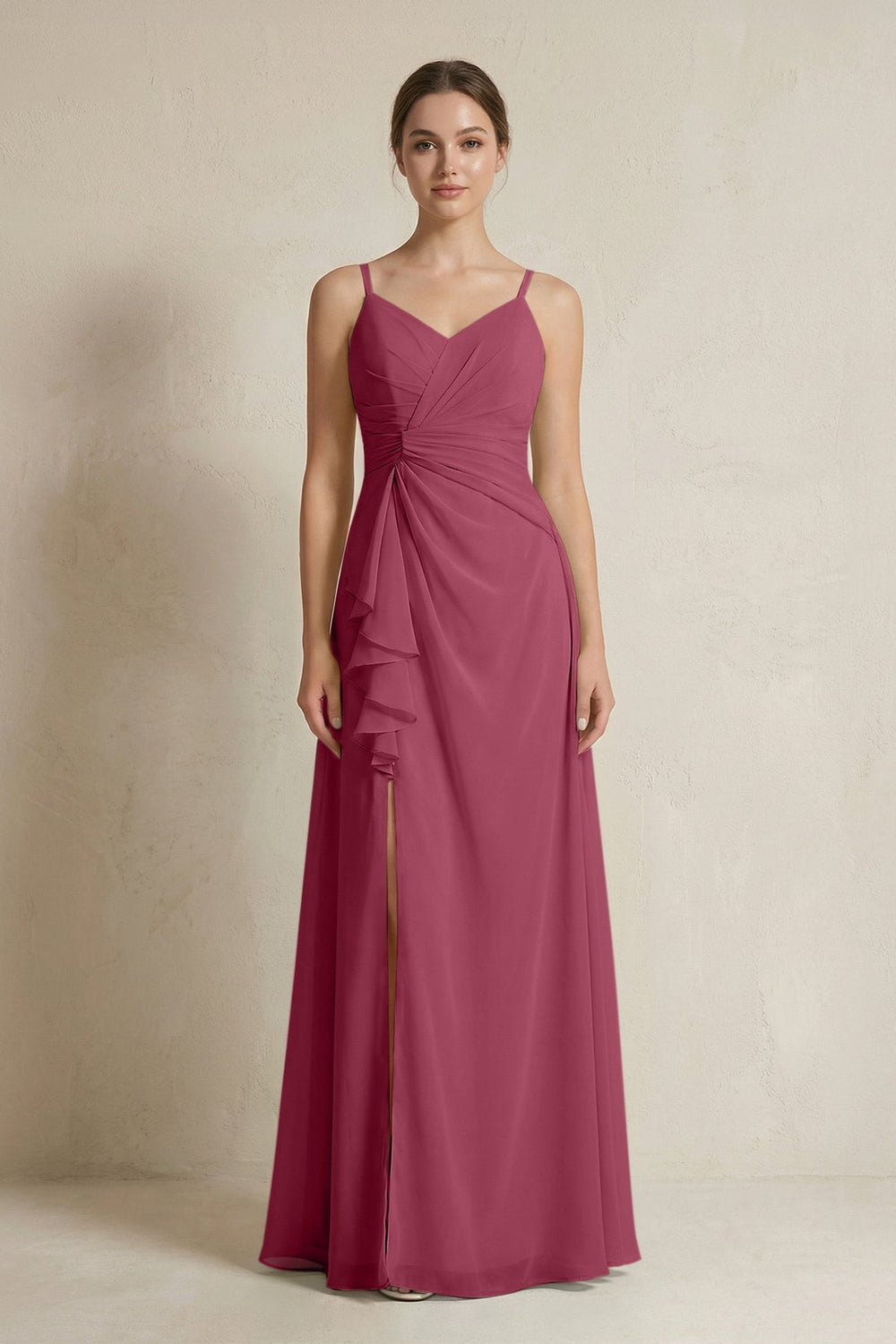 A - Line Ruffled Spaghetti Strap Chiffon Bridesmaid Dress in Desert Rose - SHE IS ME Bridesmaid Dresses