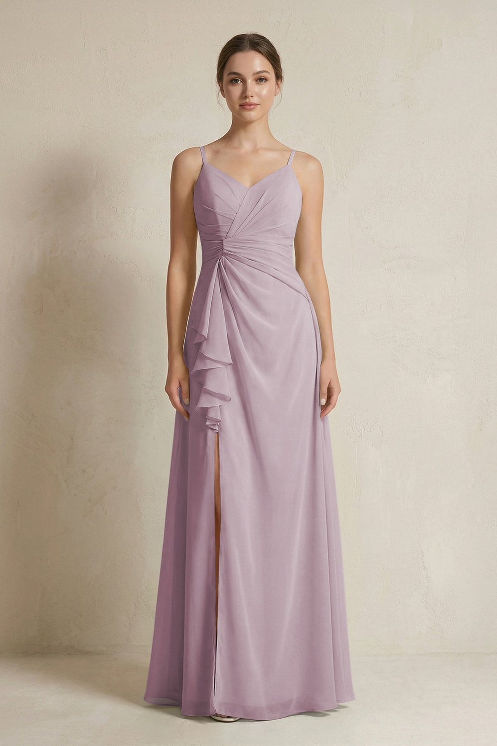 A - Line Ruffled Spaghetti Strap Chiffon Bridesmaid Dress in Dusk - SHE IS ME Bridesmaid Dresses