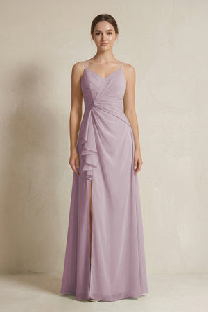 A - Line Ruffled Spaghetti Strap Chiffon Bridesmaid Dress in Dusk - SHE IS ME Bridesmaid Dresses