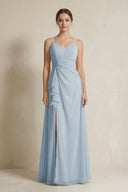 A - Line Ruffled Spaghetti Strap Chiffon Bridesmaid Dress in Dusty Blue - SHE IS ME Bridesmaid Dresses