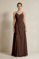 A - Line Ruffled Spaghetti Strap Chiffon Bridesmaid Dress in Espresso - SHE IS ME Bridesmaid Dresses