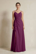 A - Line Ruffled Spaghetti Strap Chiffon Bridesmaid Dress in Fig - SHE IS ME Bridesmaid Dresses