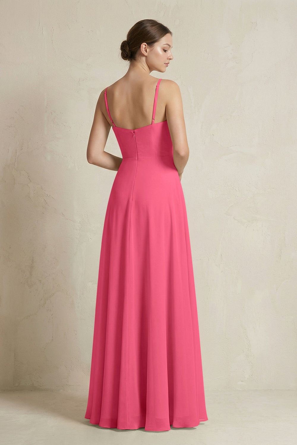 A - Line Ruffled Spaghetti Strap Chiffon Bridesmaid Dress in Fuchsia - SHE IS ME Bridesmaid Dresses