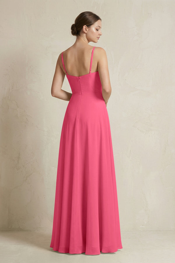 A - Line Ruffled Spaghetti Strap Chiffon Bridesmaid Dress in Fuchsia - SHE IS ME Bridesmaid Dresses