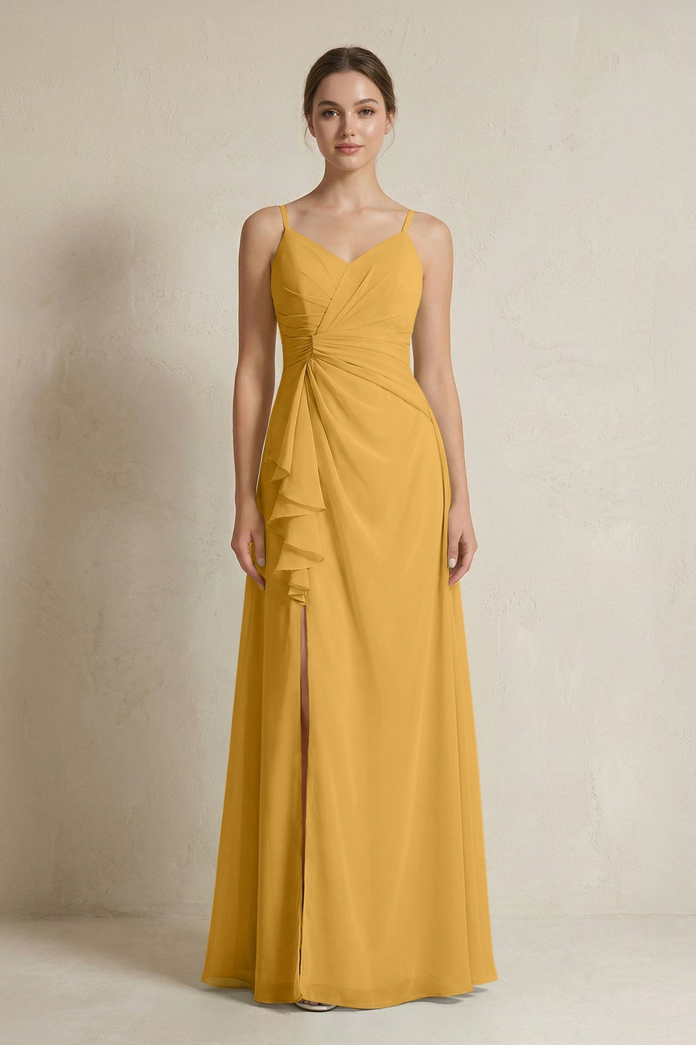 A - Line Ruffled Spaghetti Strap Chiffon Bridesmaid Dress in Marigold - SHE IS ME Bridesmaid Dresses