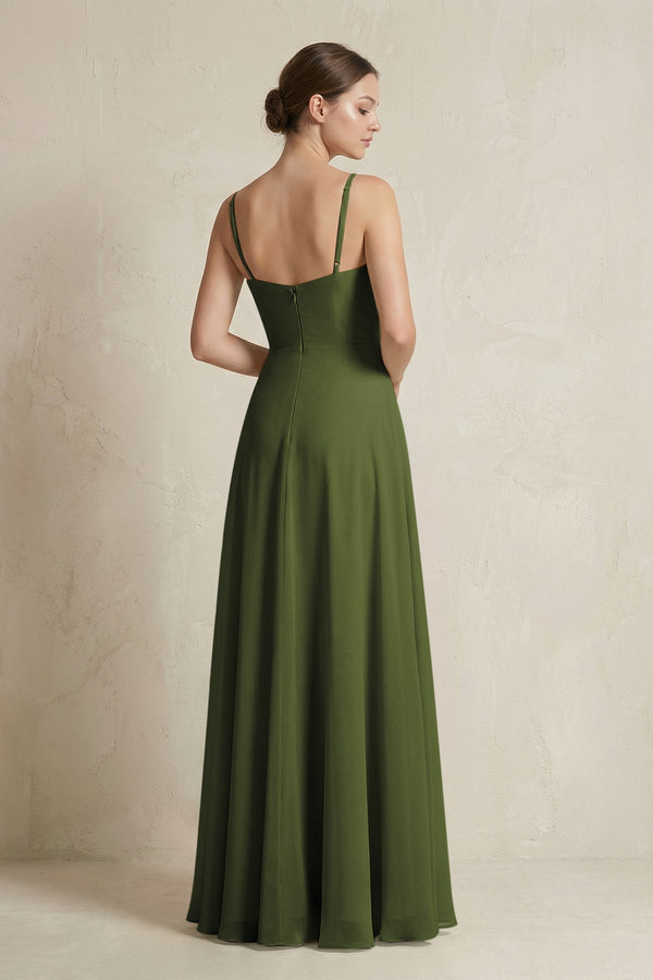 A - Line Ruffled Spaghetti Strap Chiffon Bridesmaid Dress in Olive - SHE IS ME Bridesmaid Dresses