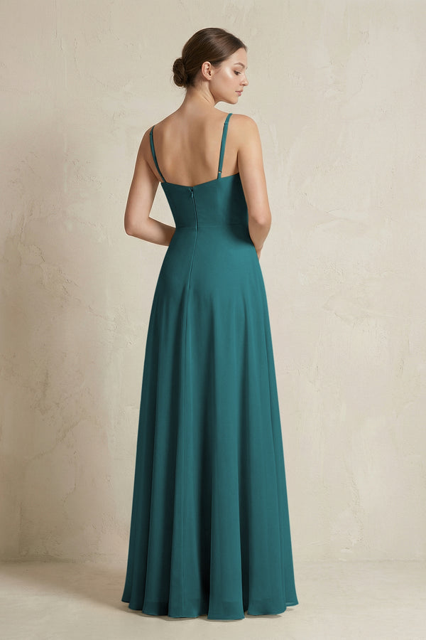 A - Line Ruffled Spaghetti Strap Chiffon Bridesmaid Dress in Pine - SHE IS ME Bridesmaid Dresses