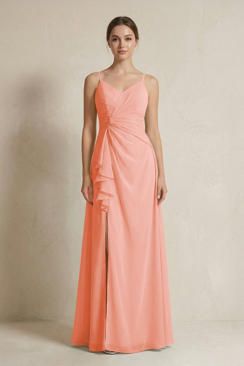 A - Line Ruffled Spaghetti Strap Chiffon Bridesmaid Dress in Rosette - SHE IS ME Bridesmaid Dresses