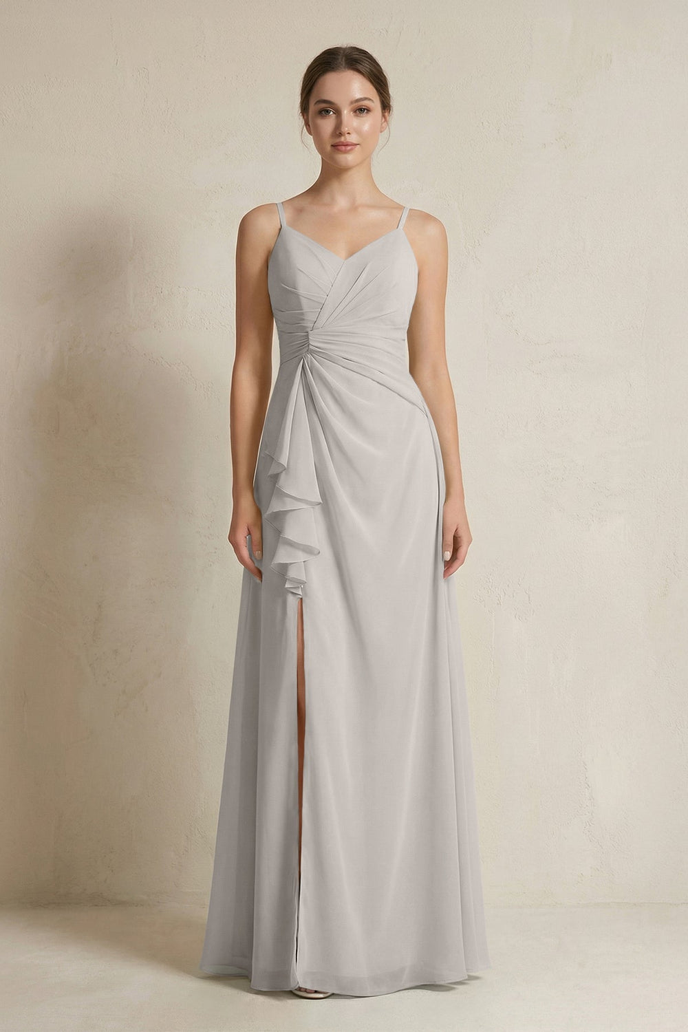 A - Line Ruffled Spaghetti Strap Chiffon Bridesmaid Dress in Silver - SHE IS ME Bridesmaid Dresses