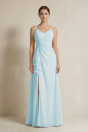 A - Line Ruffled Spaghetti Strap Chiffon Bridesmaid Dress in Sky Blue - SHE IS ME Bridesmaid Dresses