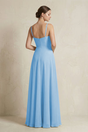 A - Line Ruffled Spaghetti Strap Chiffon Bridesmaid Dress in Steel Blue - SHE IS ME Bridesmaid Dresses