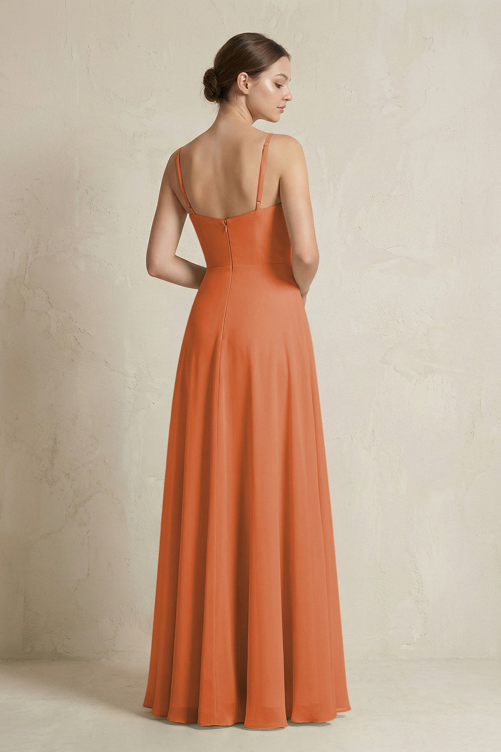 A - Line Ruffled Spaghetti Strap Chiffon Bridesmaid Dress in Terracotta - SHE IS ME Bridesmaid Dresses