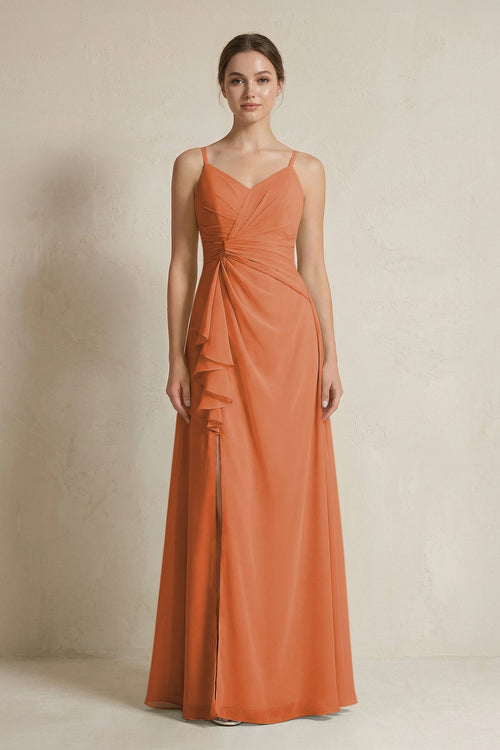 A - Line Ruffled Spaghetti Strap Chiffon Bridesmaid Dress in Terracotta - SHE IS ME Bridesmaid Dresses