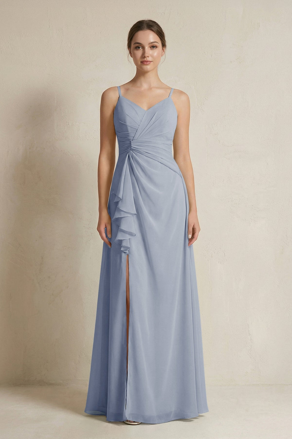 A - Line Ruffled Spaghetti Strap Chiffon Bridesmaid Dress in Twilight - SHE IS ME Bridesmaid Dresses