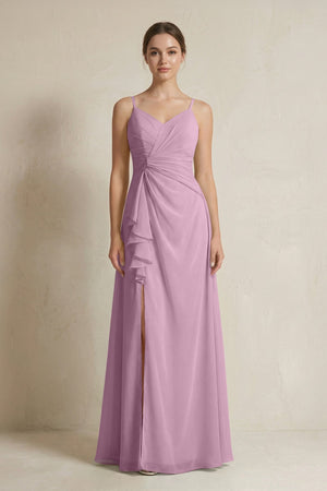 A - Line Ruffled Spaghetti Strap Chiffon Bridesmaid Dress in Wisteria - SHE IS ME Bridesmaid Dresses