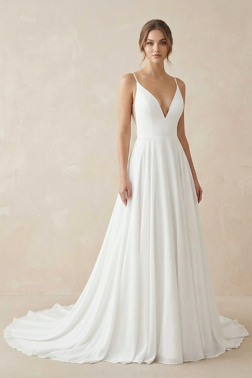 A - line Spaghetti Straps Lace Wedding Dress in White - SHE IS ME Wedding Dresses