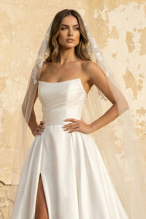 A Line Strapless Satin Wedding Dress With Slit in White - SHE IS ME Wedding Dresses