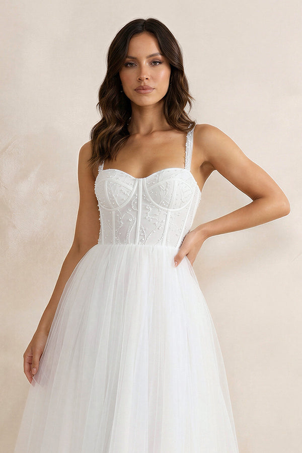 A - Line Sweetheart Satin Wedding Dresses with Ruffles in White - SHE IS ME Wedding Dresses
