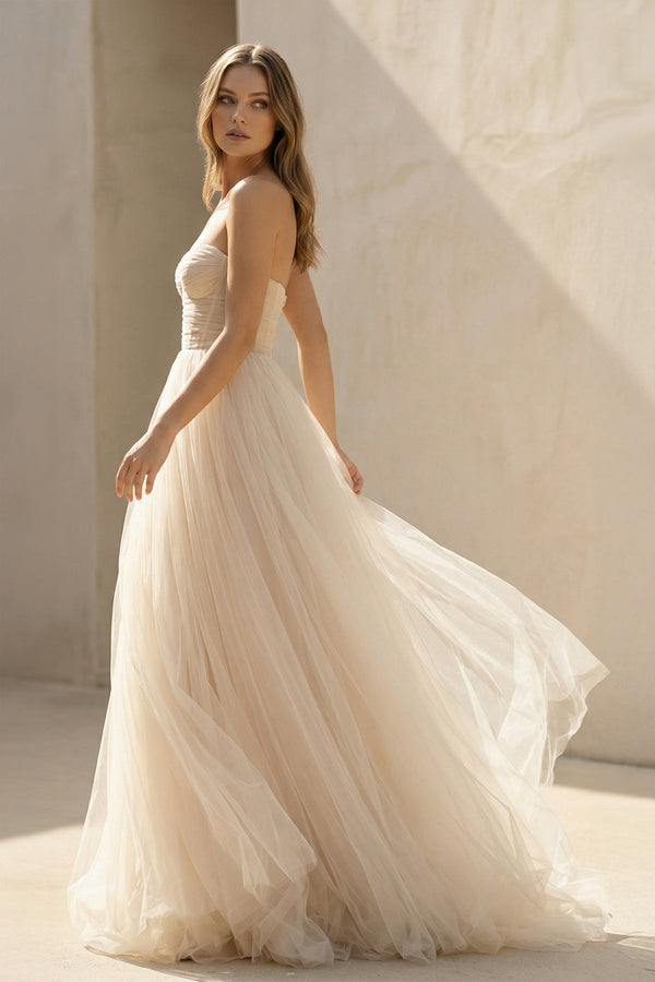 A - Line Sweetheart Tulle Long Wedding Dresses in Ivory - SHE IS ME Wedding Dresses