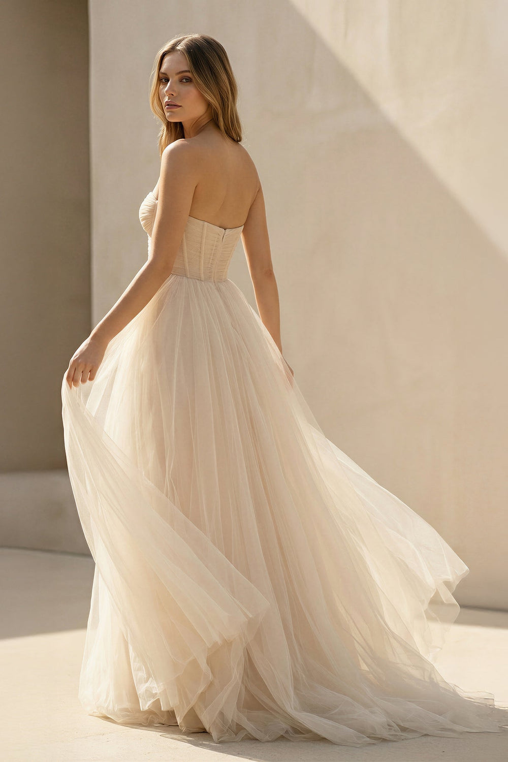 A - Line Sweetheart Tulle Long Wedding Dresses in Ivory - SHE IS ME Wedding Dresses