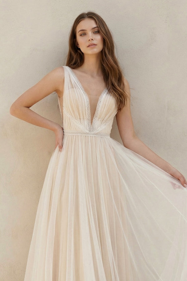 A - Line Tulle V - Neck Wedding Dress With Sequin in White and Nude - SHE IS ME Wedding Dresses
