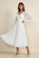 A Line V Neck Chiffon Long Sleeves Wedding Dress in White - SHE IS ME Wedding Dresses