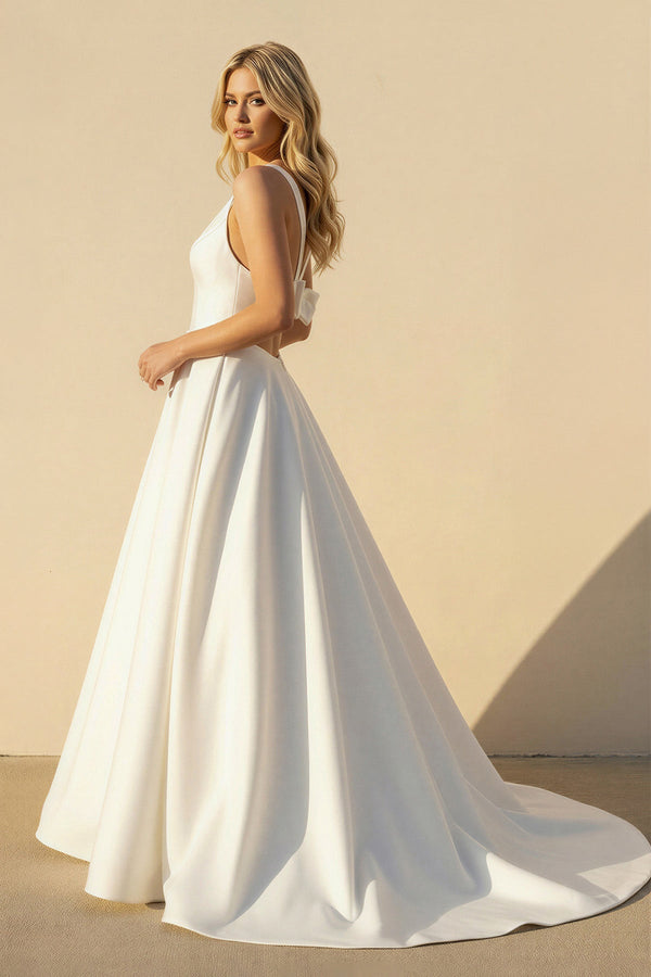 A Line V Neck Satin Wedding Dress With Bow in White - SHE IS ME Wedding Dresses